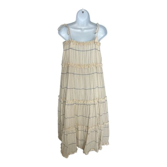 TORY BURCH Long Ruffle Dress Ivory Dutches Blue Stripe Size L. - Picture 4 of 11